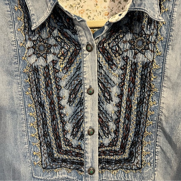 Tasha Polizzi Embroidered Chambray Boho Western Button Down Blouse - Picture 9 of 9